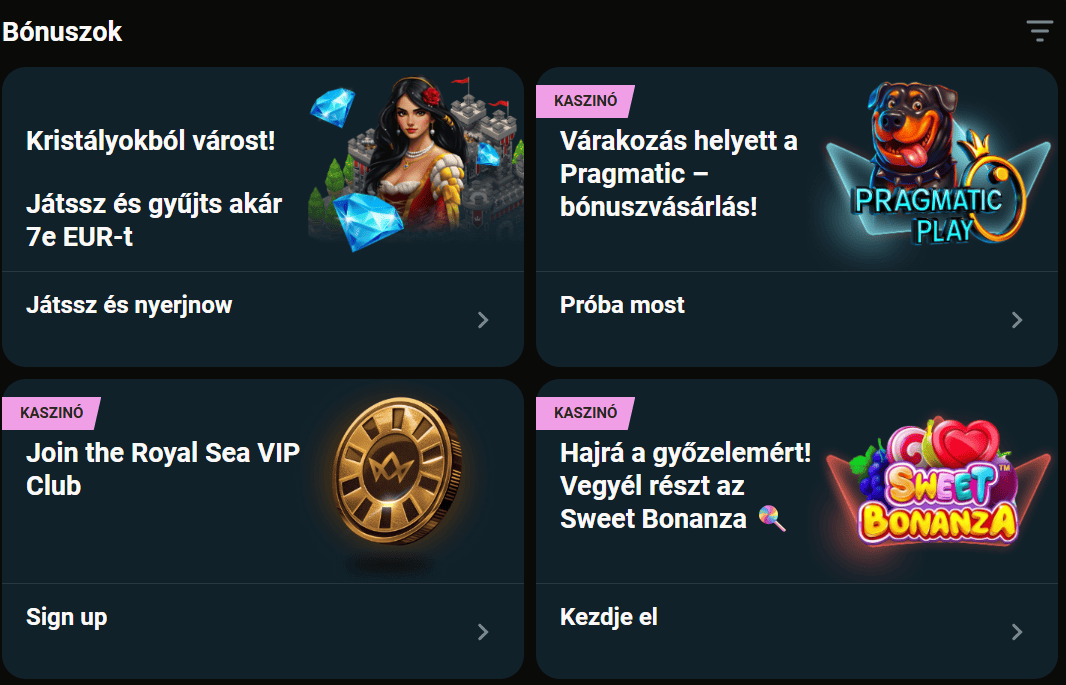 Royalsea bónusz lista teljes promóciós portfólió